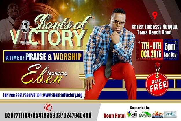Eben is set to perform live in Ghana on the 7th to 9th day of October, 2016 at this year`s Shouts of Victory Concert organised by Christ Embassy Church, Nungua.