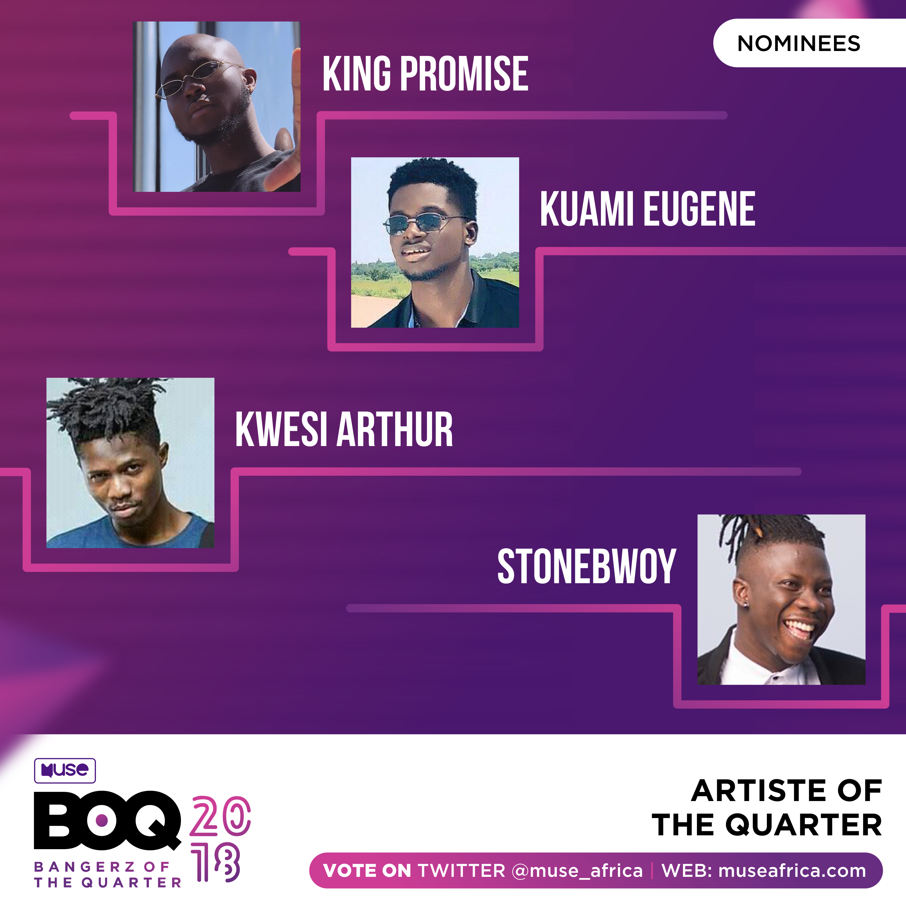 Kuami Eugene, King Promise, Medikal,Wendy Shay lead nominations at MuseAfrica’s “Bangerz of the Quarter” Awards