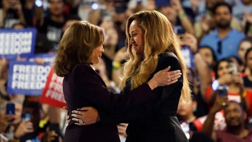 Beyonce hugged Kamala Harris after welcoming her to the stage. Pic: AP