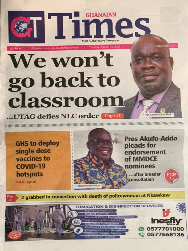 Newspaper Headlines Tuesday August 10 21 Prime News Ghana