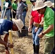 Prime Minister Dr Keith Rowley, left, plants yam as Agriculture Minister Kazim Hosein looks on at the Tucker Valley Shade House, Chaguaramas Agricultural Park, Chaguaramas